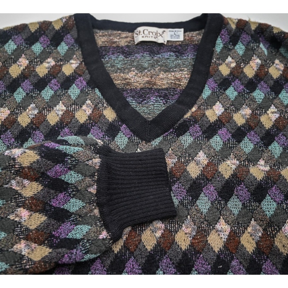PRISTINE St. Croix Knits Wool Blend Black w/ Colorful Diamonds V-Neck Sweater L